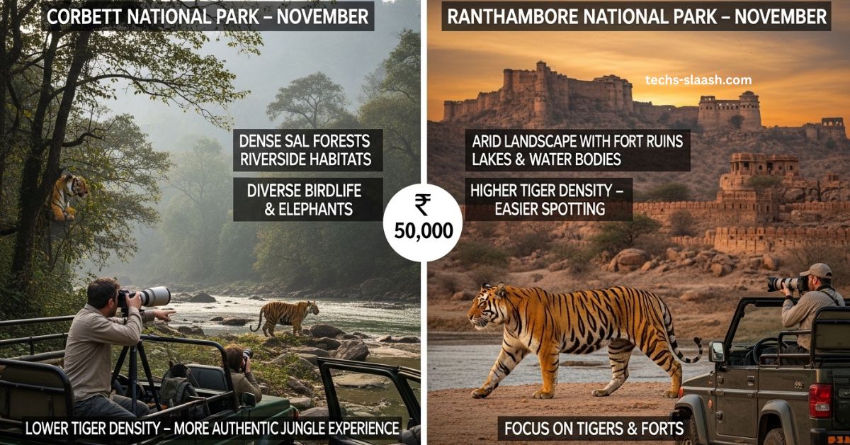 compare corbett and ranthambore for a 5 day wildlife photography trip in november on a 50k budget